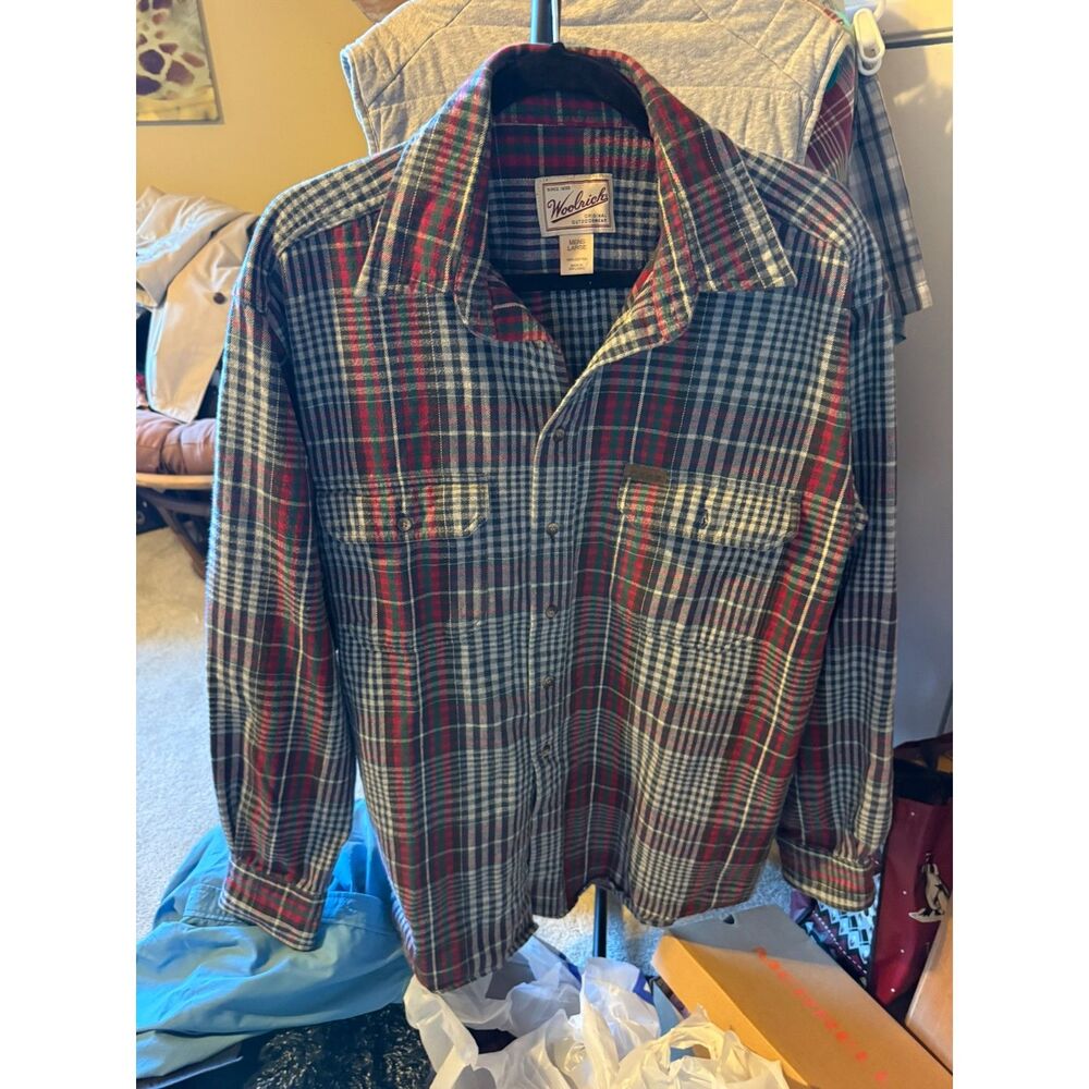 Woolrich Men’s Heavy Plaid Flannel Shirt Adjustable Cuffs Red Blue Size Large